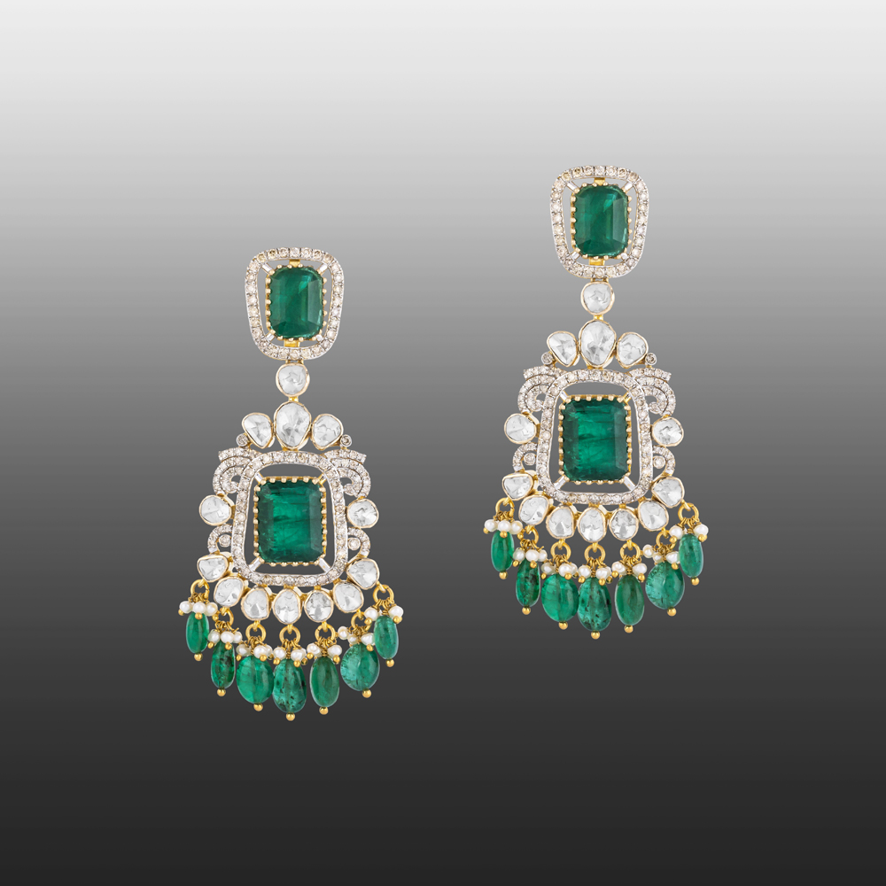 Polki Earrings with Emerald Colourstones & Drops